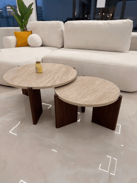 TABLE BASSE DUO ZORA EFFET TRAVERTIN PIED NOYER