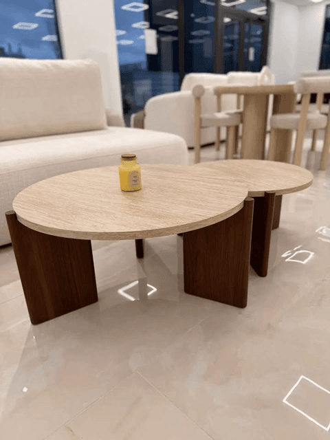 TABLE BASSE DUO ZORA EFFET TRAVERTIN PIED NOYER — photo 2