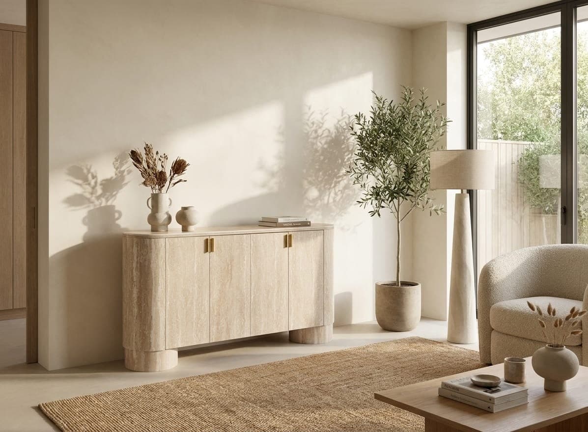 BUFFET NIRA EFFET TRAVERTIN 4 PORTES CERAMIQUE à 93300 — 399 €