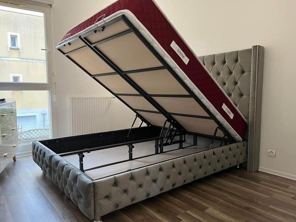 Lit Coffre Gris 140x190 cm – Lit avec Rangement Intégré